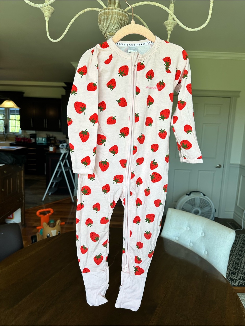 Light Pink Strawberry Print Footed One-Piece